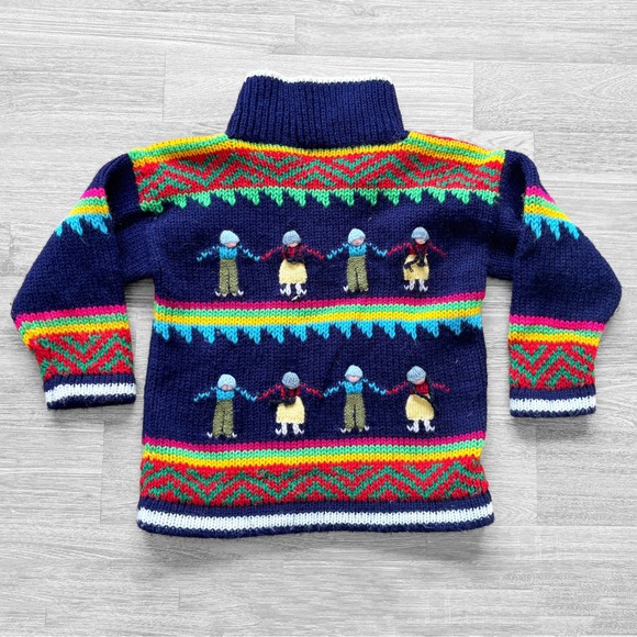 Childrens Peruvian Colorful Knit Sz 2 Sweater 3D Crochet People Rainbow Stripes - Picture 2 of 6